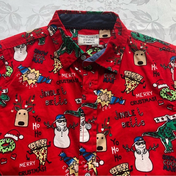Free Planet Boys Size 7 Red Christmas Holiday Cool Shirt Long Sleeves Button-Up - Picture 11 of 14